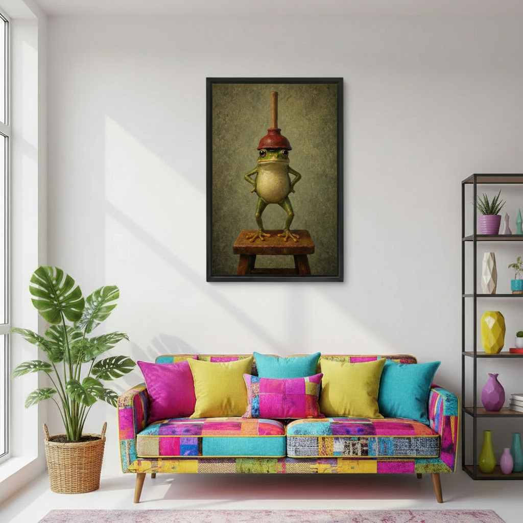 Whimsical frog portrait canvas wall art adding playful character above a colorful modern living room sofa