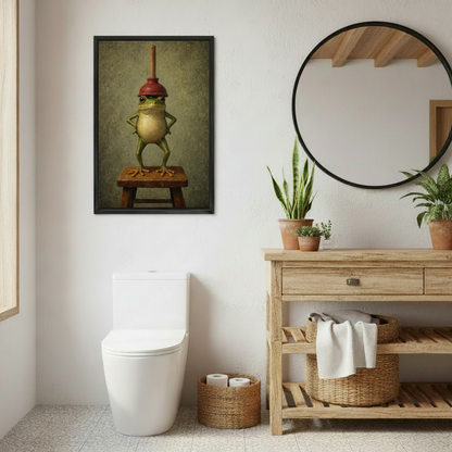 Whimsical frog portrait canvas wall art beside a round mirror and rustic bathroom console