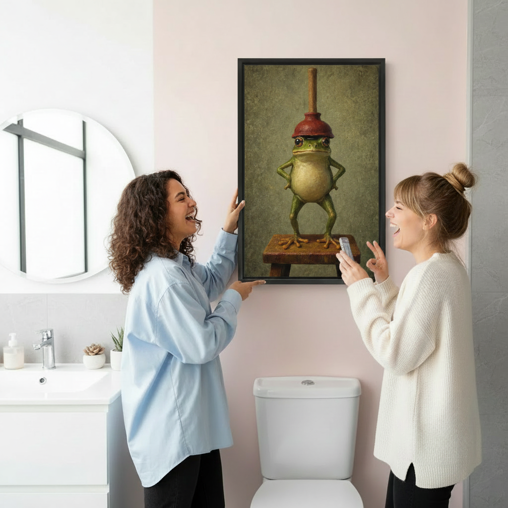 Whimsical frog portrait canvas wall art displayed in a bright bathroom while two women admire the framed print
