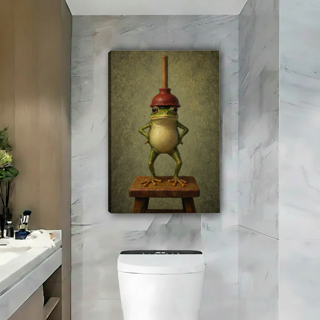 Whimsical frog portrait canvas wall art shown as an unframed canvas above a toilet