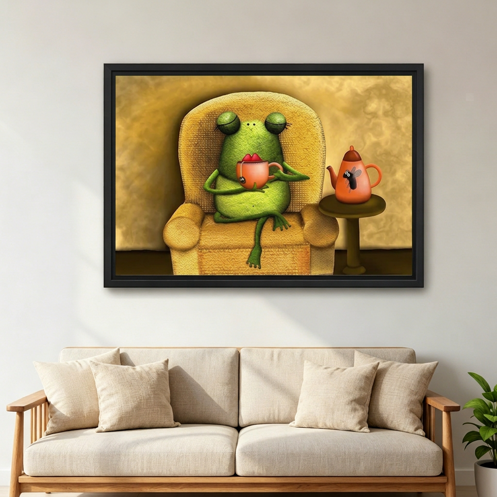 Black-framed whimsical frog tea time wall art hanging above a cream sofa with wooden arms and neutral cushions.