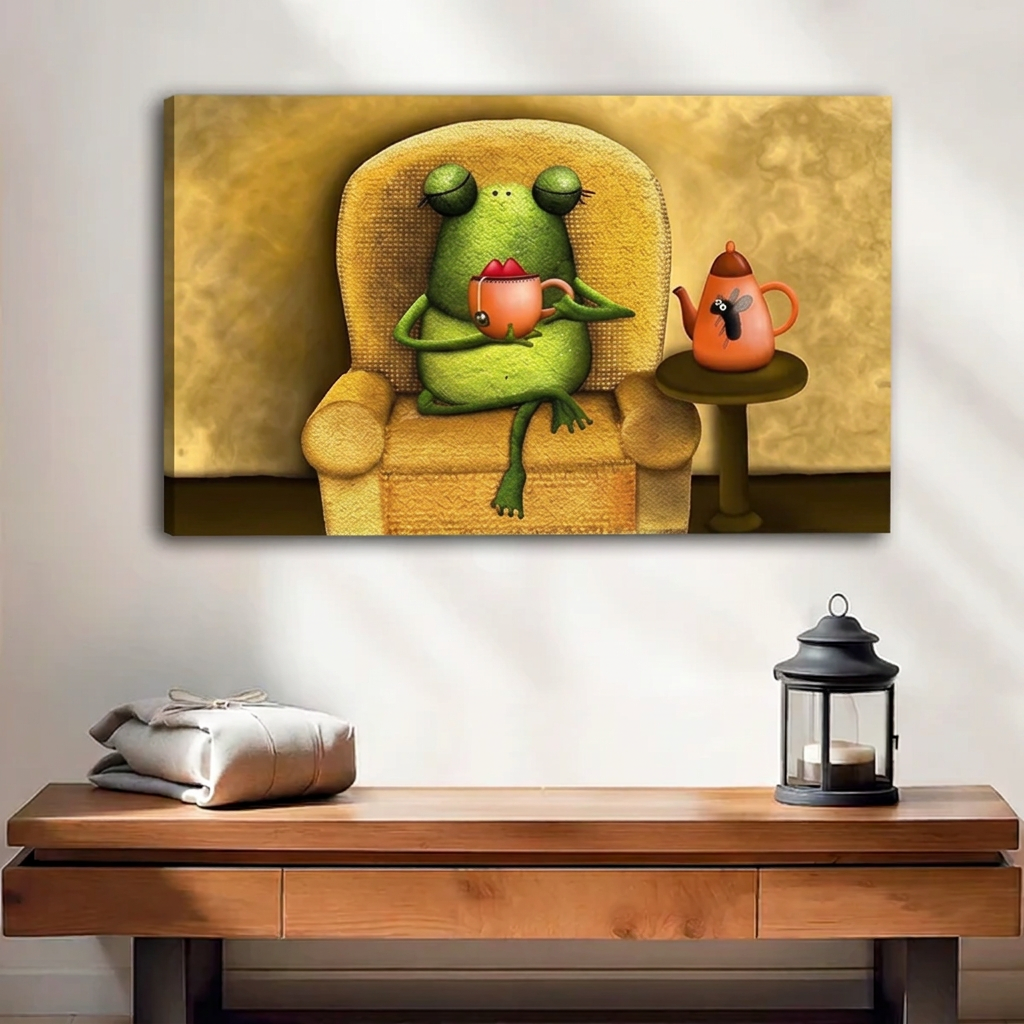 Unframed gallery-wrap whimsical frog tea time wall art displayed above a wooden bench beside folded blankets and a lantern.