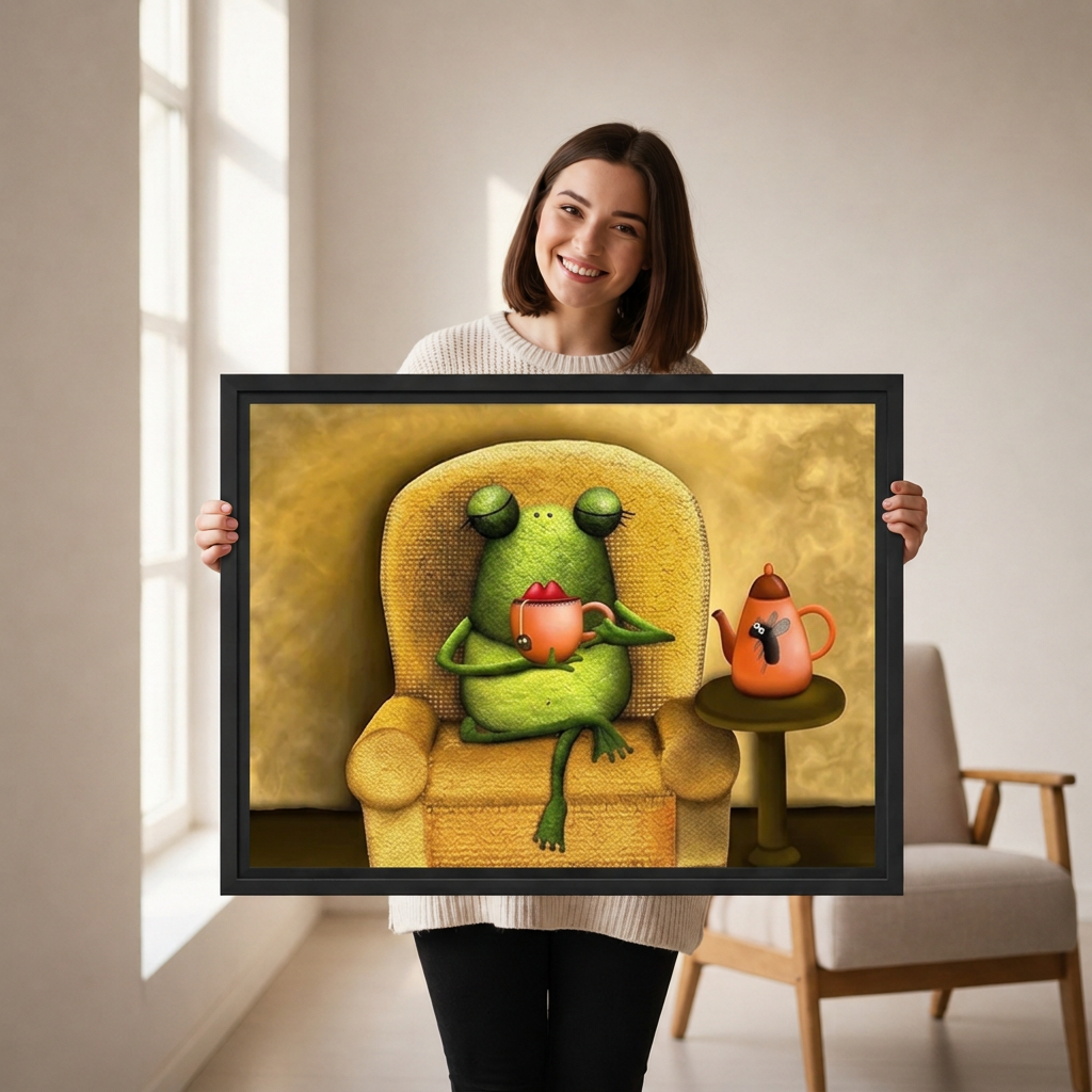 Smiling woman holding black-framed whimsical frog tea time wall art featuring a green frog relaxing in a golden armchair.