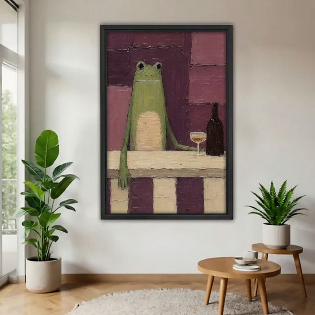 Whimsical frog wine wall art in a black frame beside leafy plants and round wooden tables.