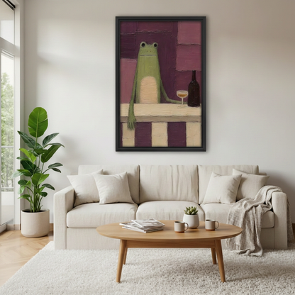 Whimsical frog wine wall art in a black frame above a cream sofa with a wooden coffee table.