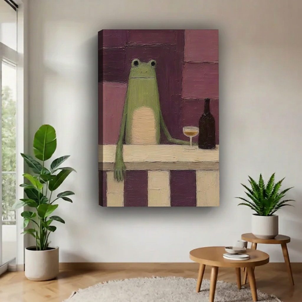 Whimsical frog wine wall art on an unframed gallery-wrap canvas beside plants and wooden tables.