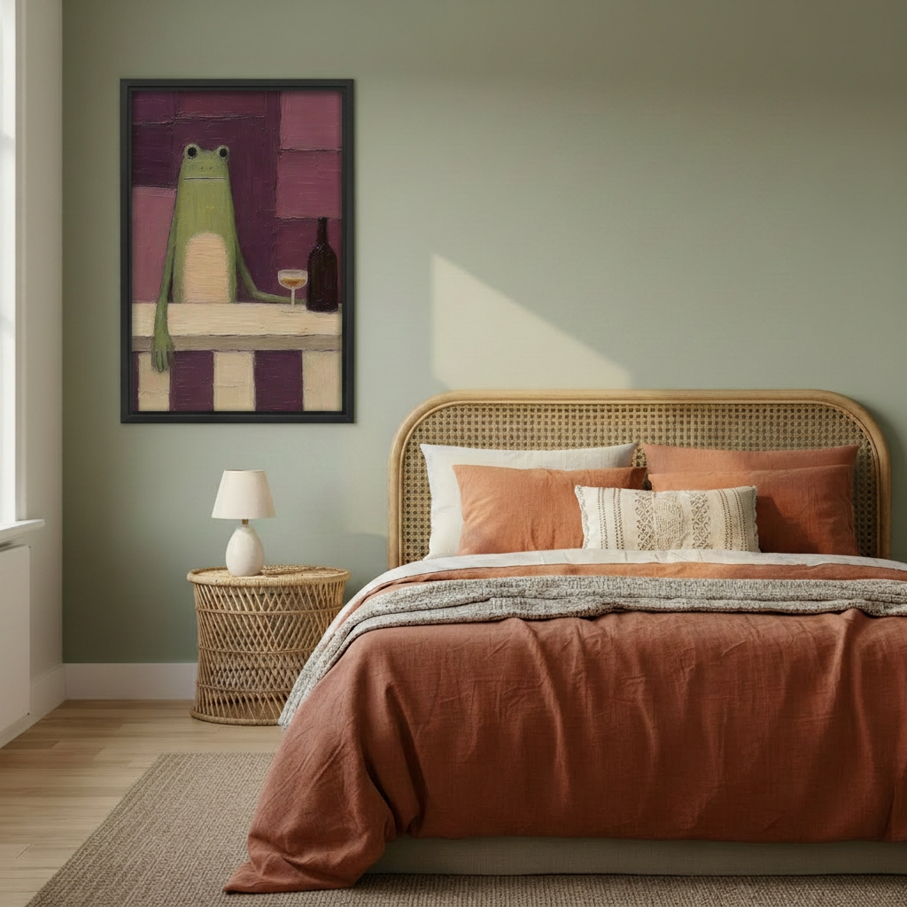 Whimsical frog wine wall art displayed beside a rattan bed with terracotta bedding and a bedside lamp.