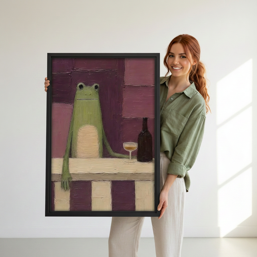  Smiling woman holding black-framed whimsical frog wine wall art featuring a green frog, wine glass, and bottle.