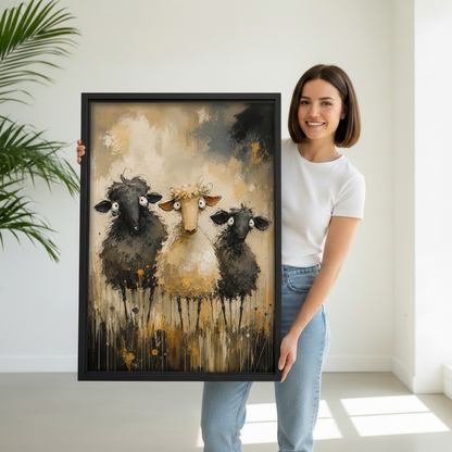 Smiling woman holding large framed whimsical funny sheep trio canvas print in bright white room with palm plant