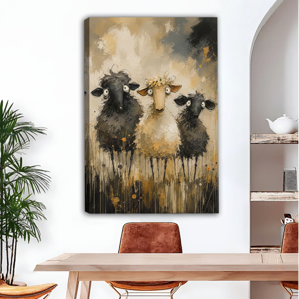 Whimsical funny sheep trio gallery wrap canvas print displayed above dining table in airy room with arched doorway