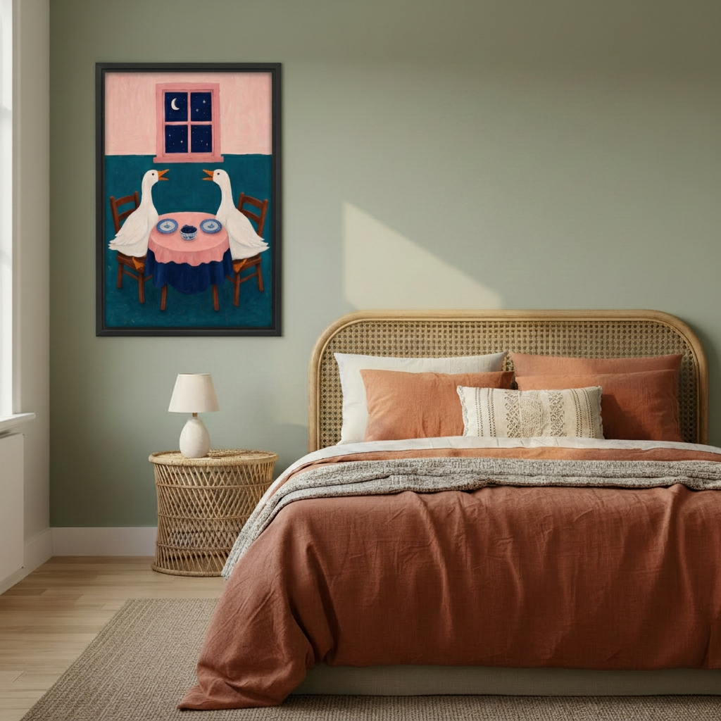 Whimsical geese dinner canvas wall art in a black frame beside a rattan bed with terracotta bedding.