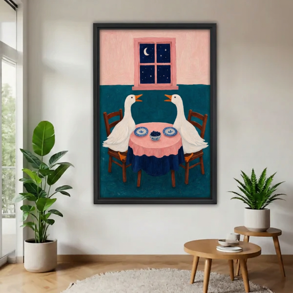 Black-framed whimsical geese dinner canvas wall art displayed beside a window with houseplants and wooden tables.