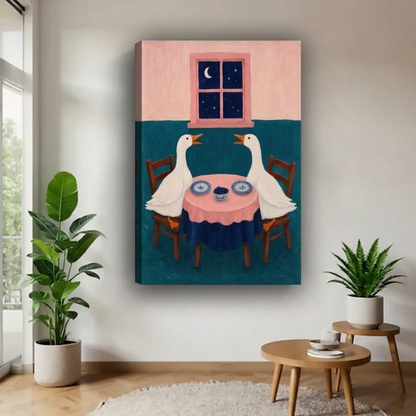 Unframed whimsical geese dinner canvas wall art with visible wrapped edges displayed in a bright room.