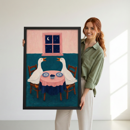 Woman holding black-framed whimsical geese dinner canvas wall art featuring two white geese beneath a moonlit window.