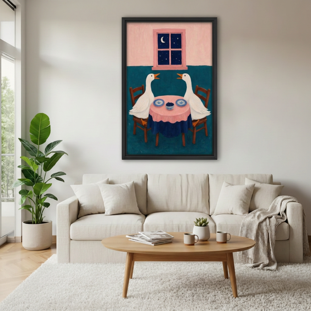 Black-framed whimsical geese dinner canvas wall art above a cream sofa in a sunlit living room.