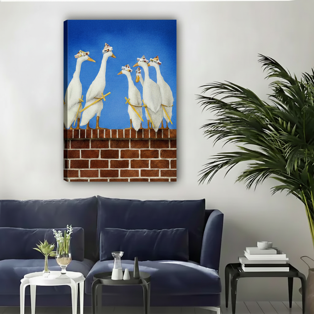 Funny colorful wall art of a group of white geese with party hats on a brick wall, shown as a frameless gallery wrap canvas in a modern navy blue living room