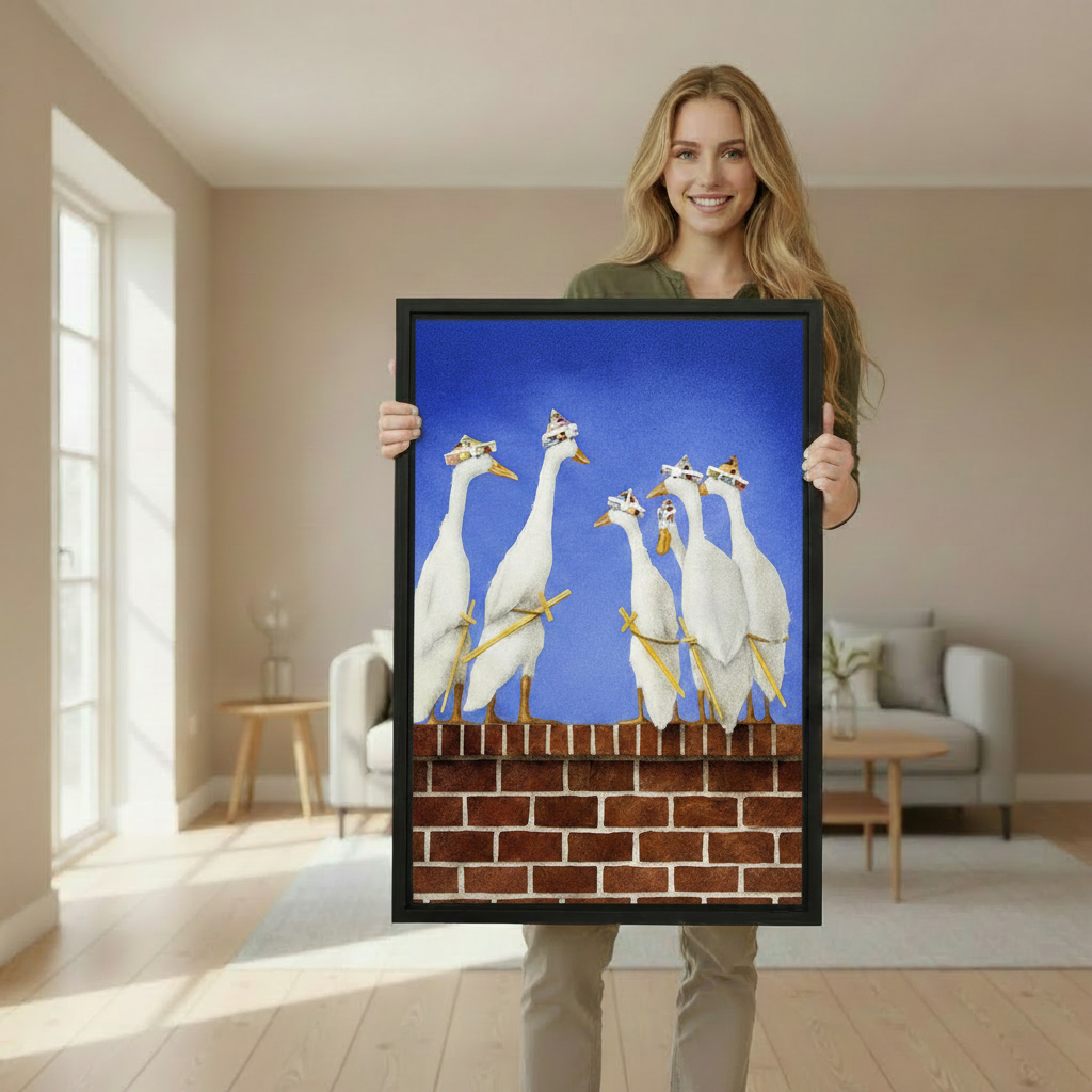 Woman holding a large black framed canvas print of whimsical white geese wearing party hats on a brick wall, showing print size in a bright Scandinavian living room