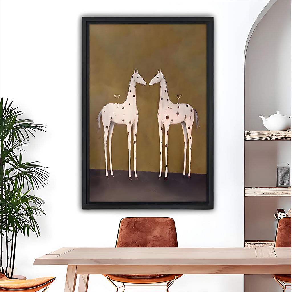 Whimsical giraffe pair canvas wall art with two elegant giraffes and cocktail glasses