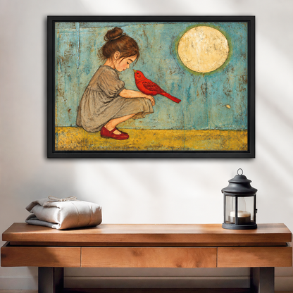Whimsical girl and bird canvas wall art in a black frame above a wooden console and lantern.