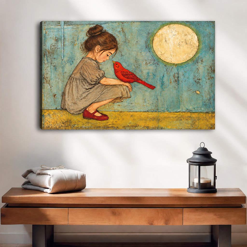 Unframed whimsical girl and bird canvas wall art displayed above a wooden console.
