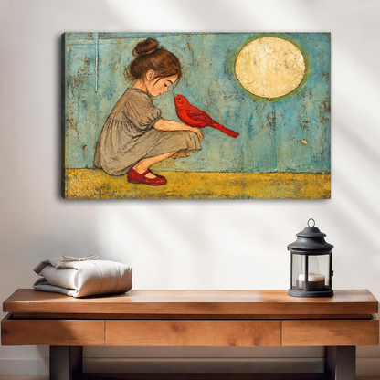 Unframed whimsical girl and bird canvas wall art displayed above a wooden console.