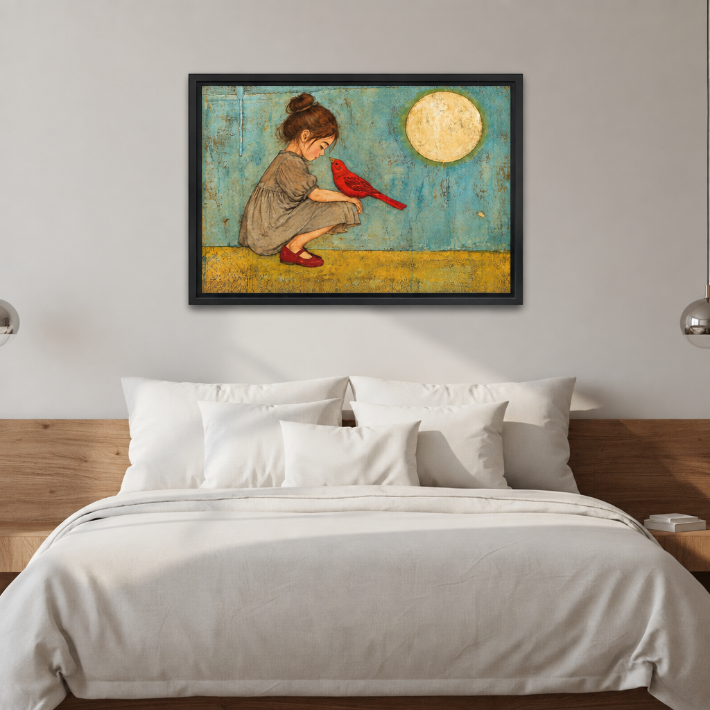Whimsical girl and cardinal canvas wall art displayed above a bed with white bedding.