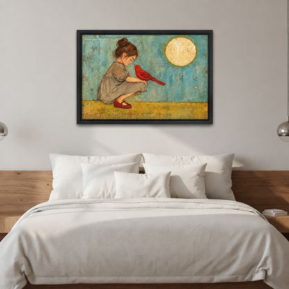 Whimsical girl and cardinal canvas wall art displayed above a bed with white bedding.