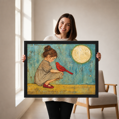 Woman holding black framed whimsical girl and cardinal canvas wall art with a golden moon.