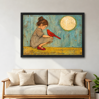  Whimsical girl and cardinal canvas wall art in a black frame above a cream sofa.