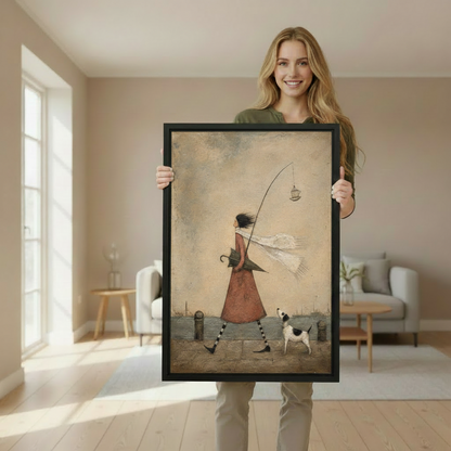 Woman holding a large black framed canvas print of a whimsical folk art girl walking with a dog and birdcage, showing print size in a bright Scandinavian living room