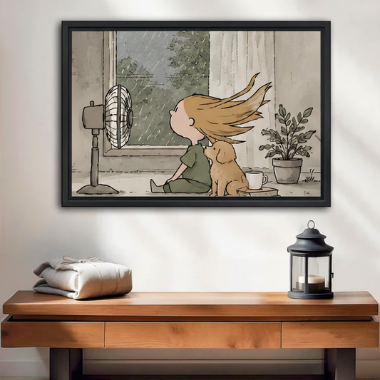 Hand-drawn style framed canvas print featuring a girl with windblown hair and puppy beside a rainy window, hung in an entryway