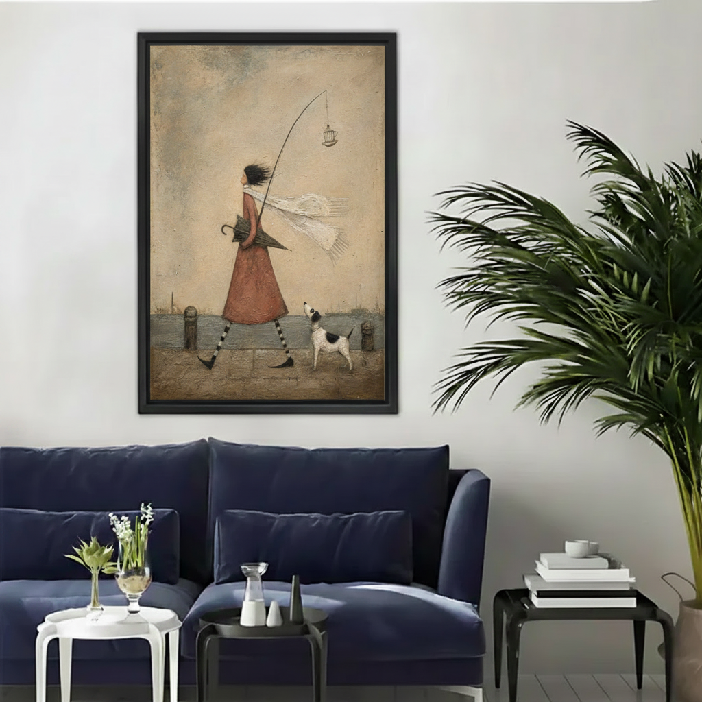 Whimsical folk art print of a girl walking with a dog and birdcage, displayed as a black framed canvas in a navy blue living room
