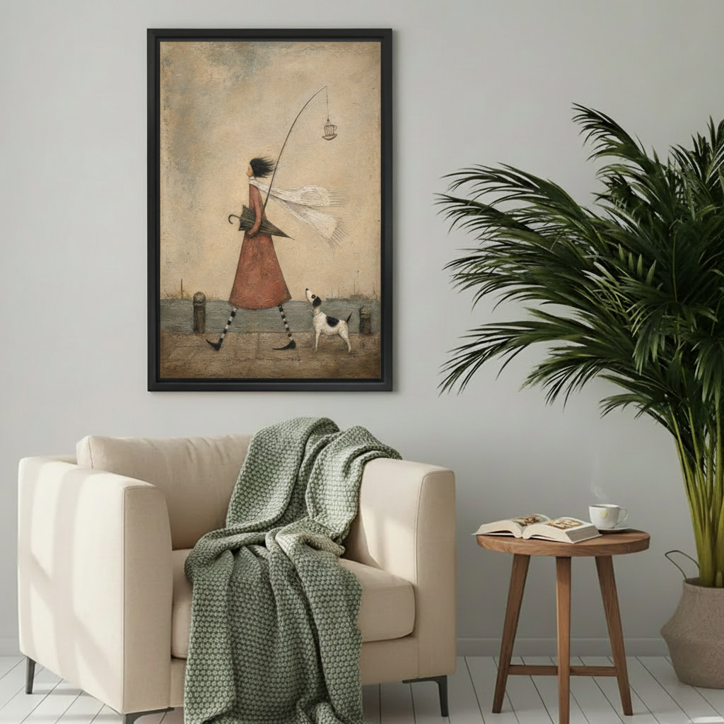 Folk art framed canvas print featuring a whimsical walking girl with a dog and birdcage, hung above a cozy beige armchair with a green throw blanket