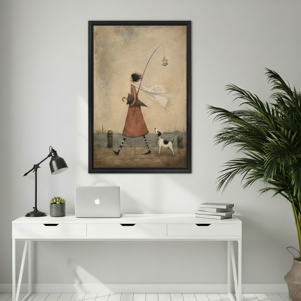 Whimsical vintage wall art print of a girl walking a terrier dog with a birdcage fishing rod, displayed in a black frame above a white home office desk
