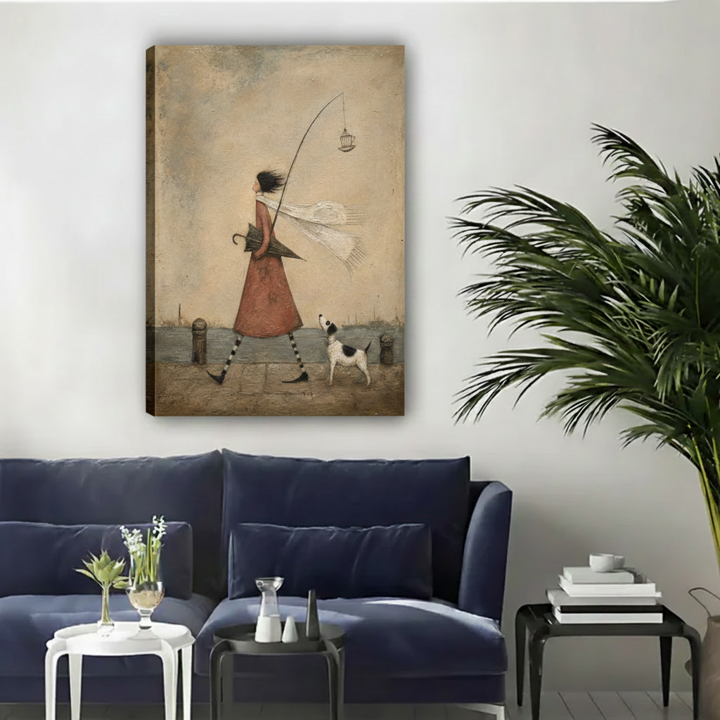 Vintage-style whimsical wall art of a girl with a fishing rod birdcage and terrier dog, shown as a frameless gallery wrap canvas above a navy sofa