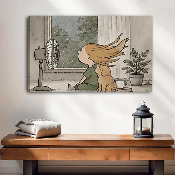 Gallery wrap canvas print of a whimsical girl and dog sitting by a rainy window with a vintage fan, displayed above a wooden console table