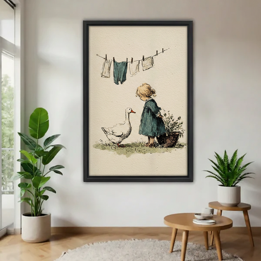 Whimsical framed vintage illustration featuring a little girl with a flower basket and a white goose under a clothesline, displayed on a white wall flanked by tropical potted plants
