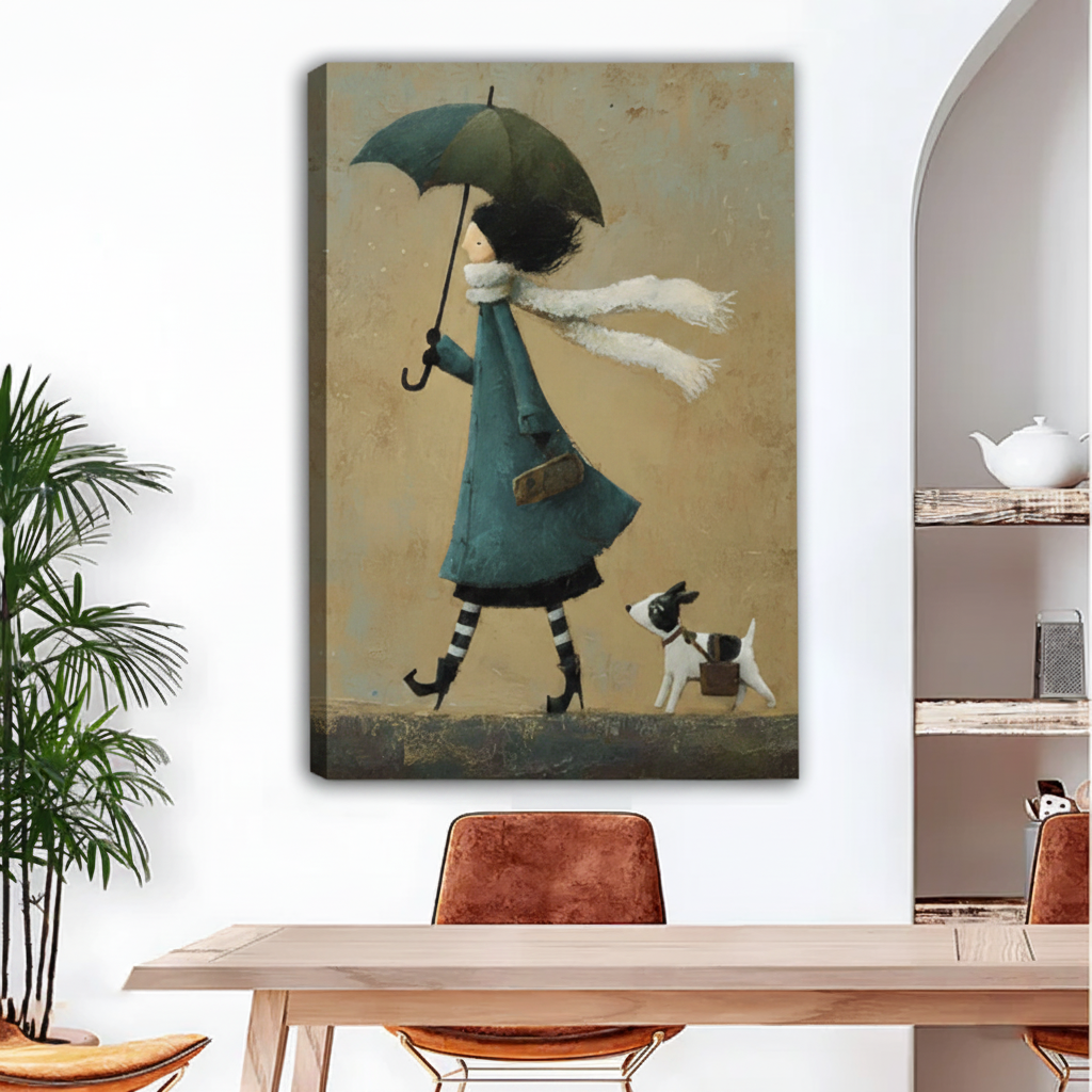 Whimsical girl with umbrella and dog canvas wall art displayed above dining table, vintage folk art style in teal and beige