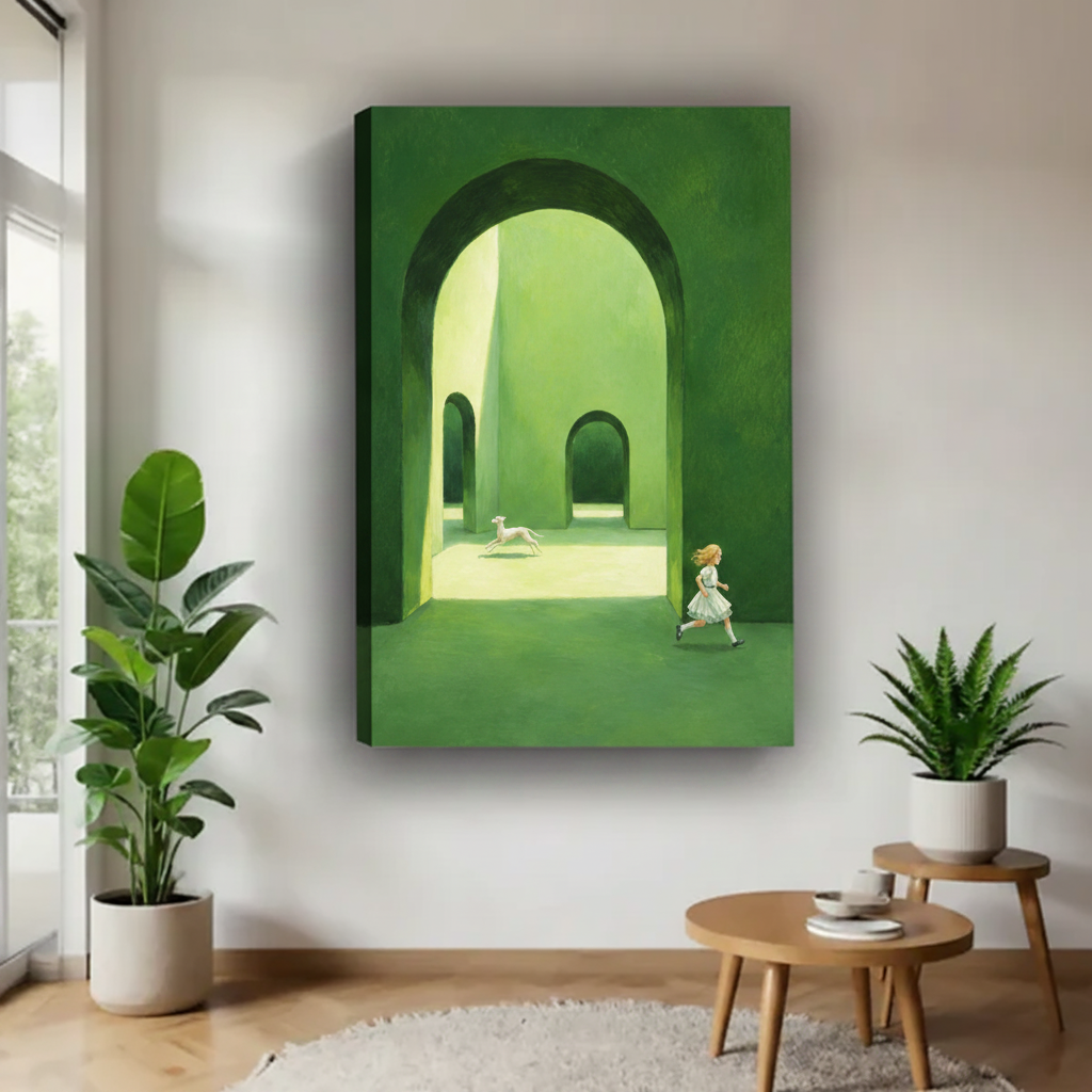 Dreamy girl chasing white dog through green arched corridor canvas wrap print with visible edges hung in bright minimalist living room