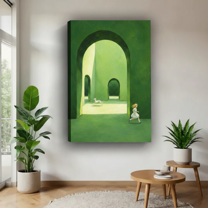 Dreamy girl chasing white dog through green arched corridor canvas wrap print with visible edges hung in bright minimalist living room