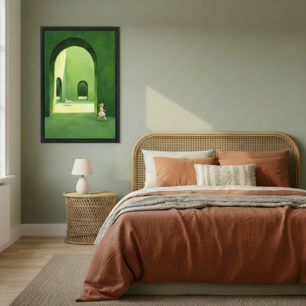 Dreamy green arch maze whimsical girl white dog framed canvas print hung above rattan headboard in cozy sage green bedroom