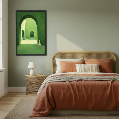 Dreamy green arch maze whimsical girl white dog framed canvas print hung above rattan headboard in cozy sage green bedroom