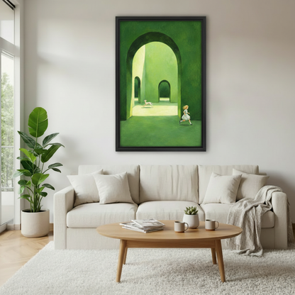 Whimsical green arch maze girl and white dog framed canvas wall art above white sofa in bright Scandinavian living room