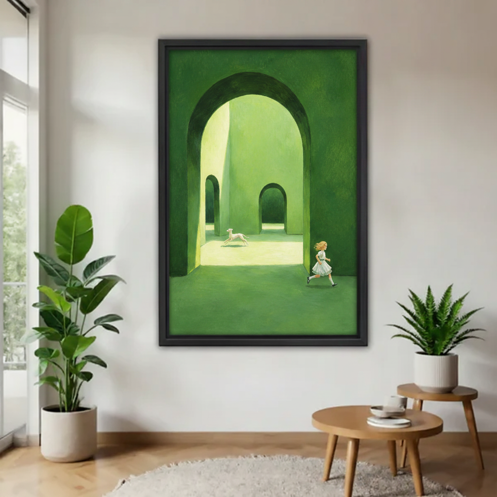 Whimsical girl and white dog running through green arch maze framed canvas wall art displayed in modern living room with tropical plants