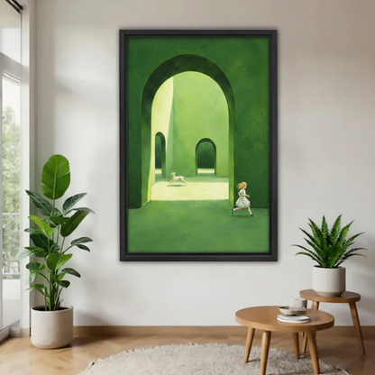 Whimsical girl and white dog running through green arch maze framed canvas wall art displayed in modern living room with tropical plants