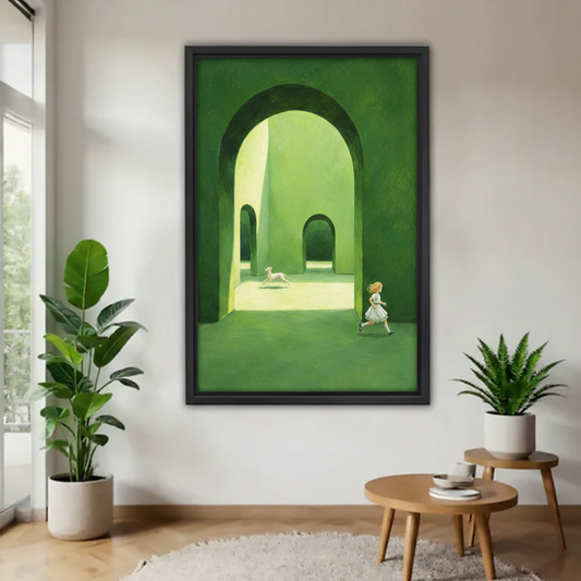 Whimsical girl and white dog running through green arch maze framed canvas wall art displayed in modern living room with tropical plants