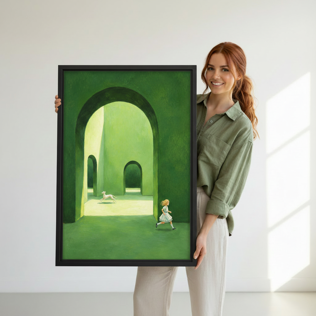 Woman holding whimsical girl white dog green arch maze framed canvas print showing artwork size reference against white wall