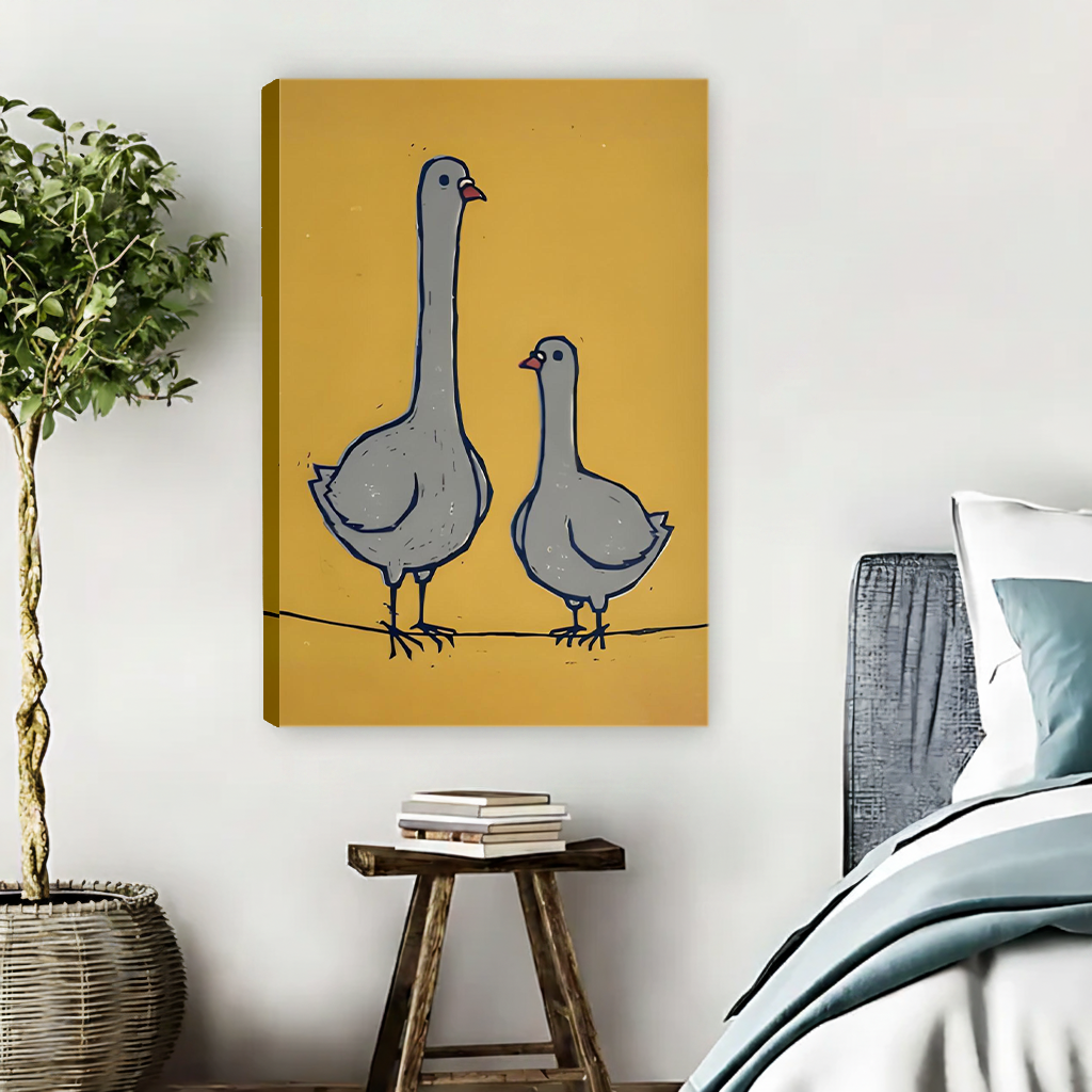 Whimsical goose pair canvas wall art above a bedroom side table, showing two gray geese on a branch.