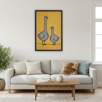 Whimsical goose pair canvas wall art above a desk, showing two gray geese on a branch.