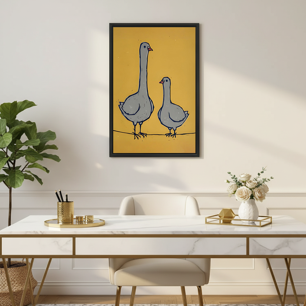 Unframed whimsical goose pair canvas wall art beside a bedroom, featuring two gray geese on a simple line.